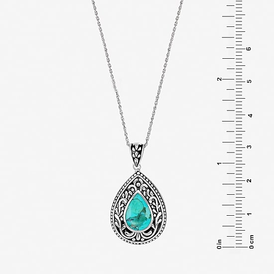 Womens Enhanced Blue Turquoise Sterling Silver Pear 18 Inch Pendant Necklace