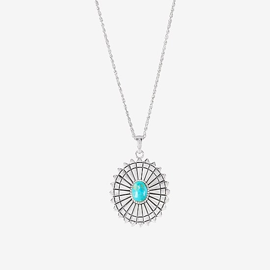 Womens Enhanced Blue Turquoise Sterling Silver Round 18 Inch Pendant Necklace