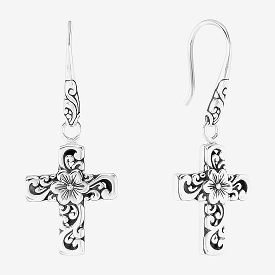 Bali Inspired Womens Sterling Silver Cross Drop Earrings