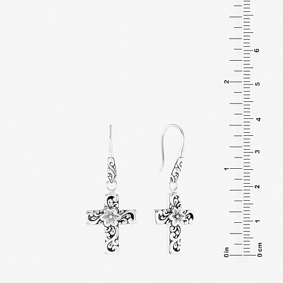 Bali Inspired Womens Sterling Silver Cross Drop Earrings