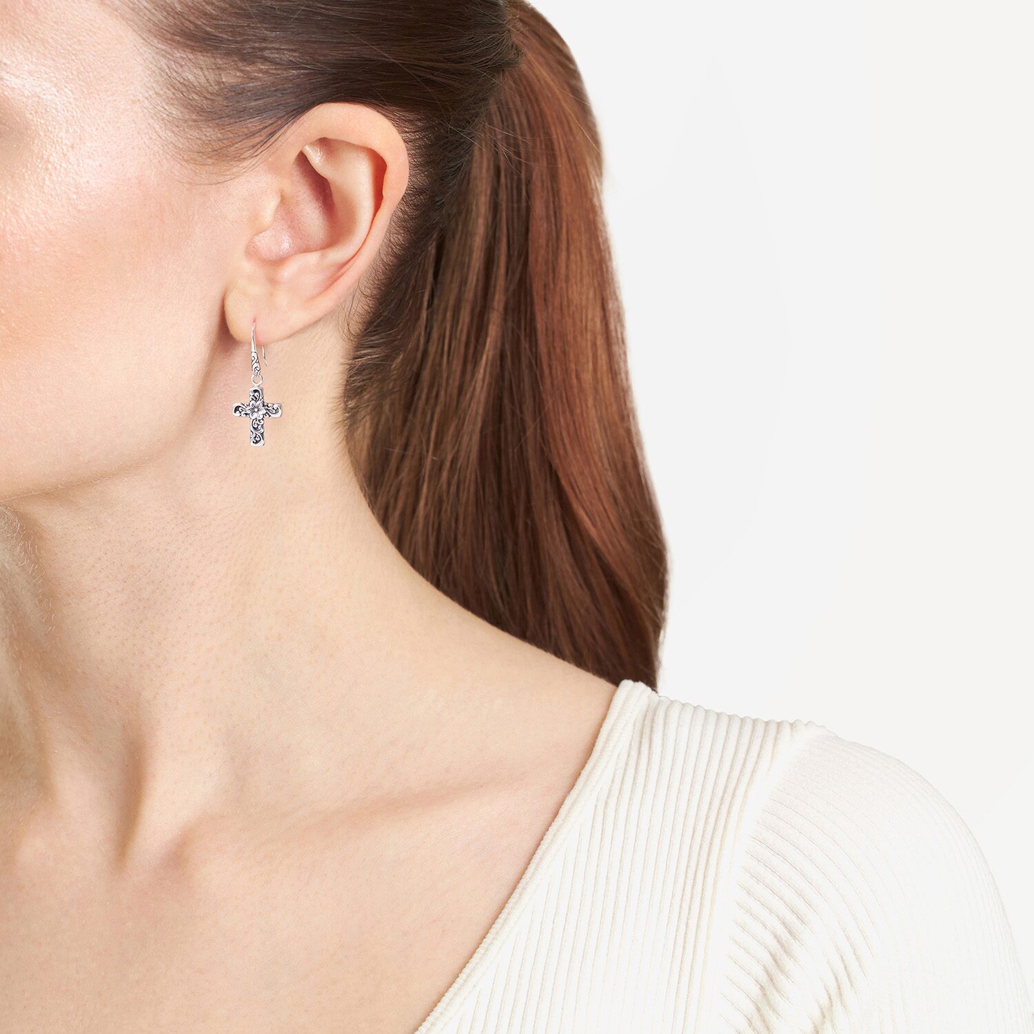 Bali Inspired Womens Sterling Silver Cross Drop Earrings