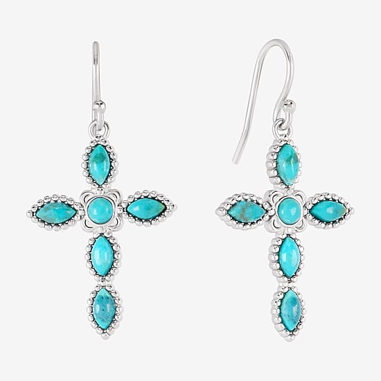 Womens Blue Turquoise Sterling Silver Cross Drop Earrings