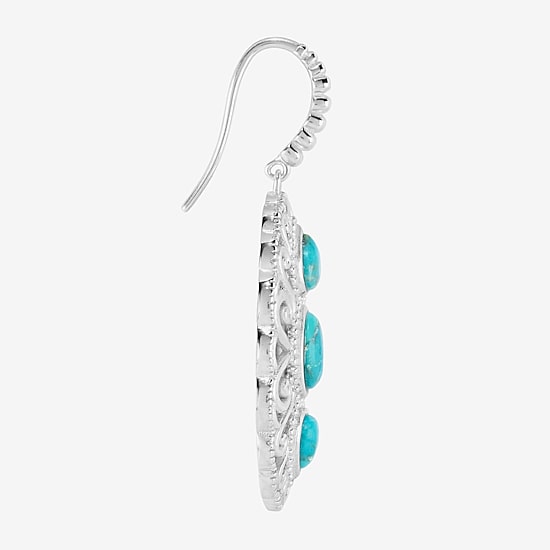 Womens Genuine Blue Turquoise Sterling Silver Oval Drop Earrings