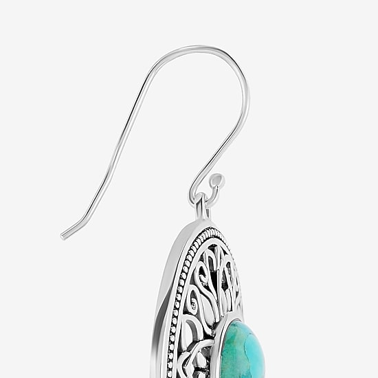 Womens Genuine Blue Turquoise Sterling Silver Round Drop Earrings
