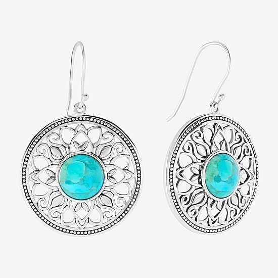 Womens Genuine Blue Turquoise Sterling Silver Round Drop Earrings