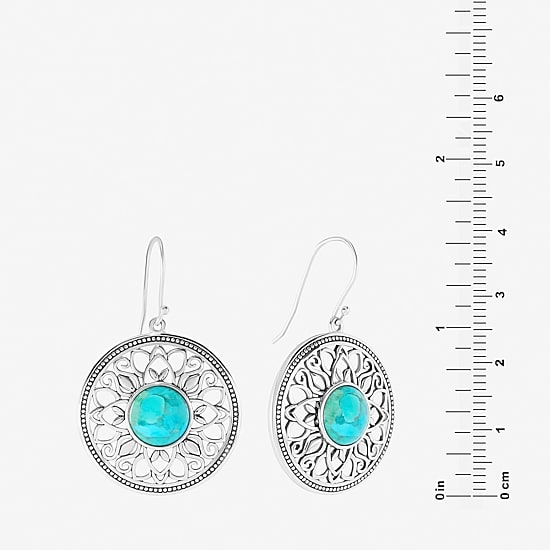 Womens Genuine Blue Turquoise Sterling Silver Round Drop Earrings
