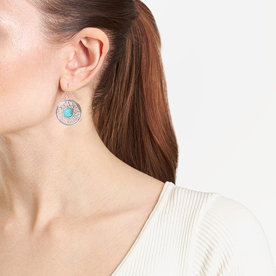 Womens Genuine Blue Turquoise Sterling Silver Round Drop Earrings