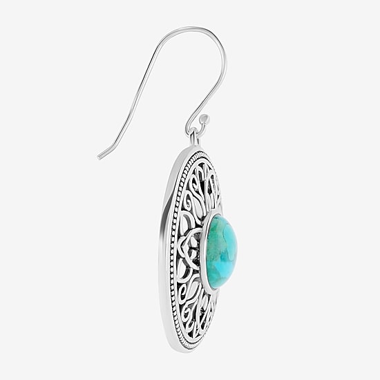 Womens Genuine Blue Turquoise Sterling Silver Round Drop Earrings