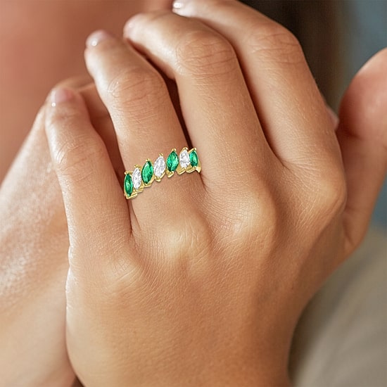 Womens Simulated Green Emerald 14K Gold Over Silver Marquise Band