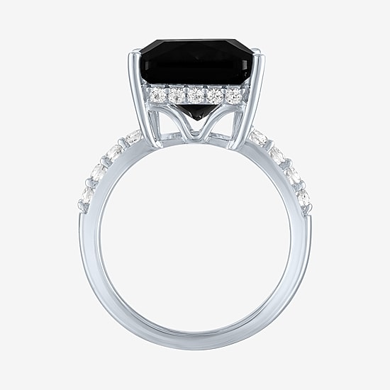 Womens Genuine Black Onyx Sterling Silver Side Stone Cocktail Ring