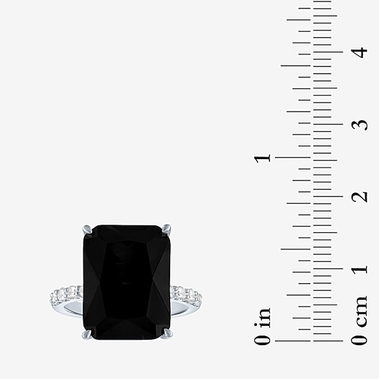 Womens Genuine Black Onyx Sterling Silver Side Stone Cocktail Ring