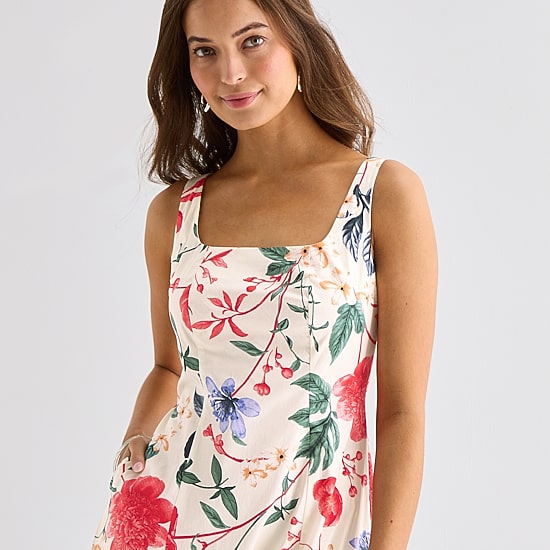 Melonie T Womens Midi Square Neck Sleeveless Floral Fit + Flare Dress