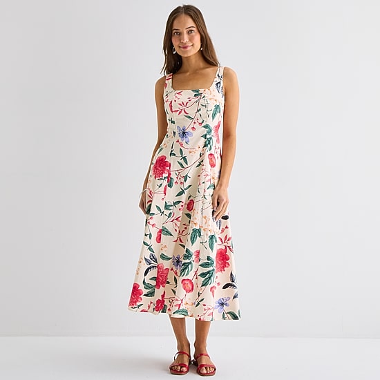 Melonie T Womens Midi Square Neck Sleeveless Floral Fit + Flare Dress