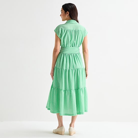 Danny & Nicole Womens Belted Short Sleeve Midi Striped Shirt Dress