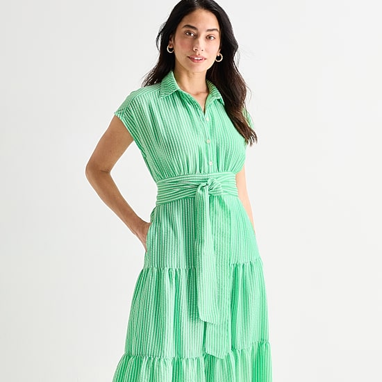 Danny & Nicole Womens Belted Short Sleeve Midi Striped Shirt Dress