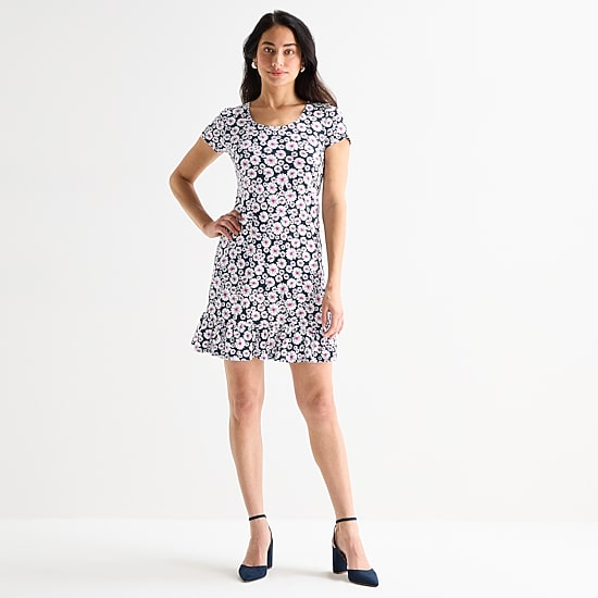 MSK Womens Round Neck Short Sleeve Floral Shift Dress