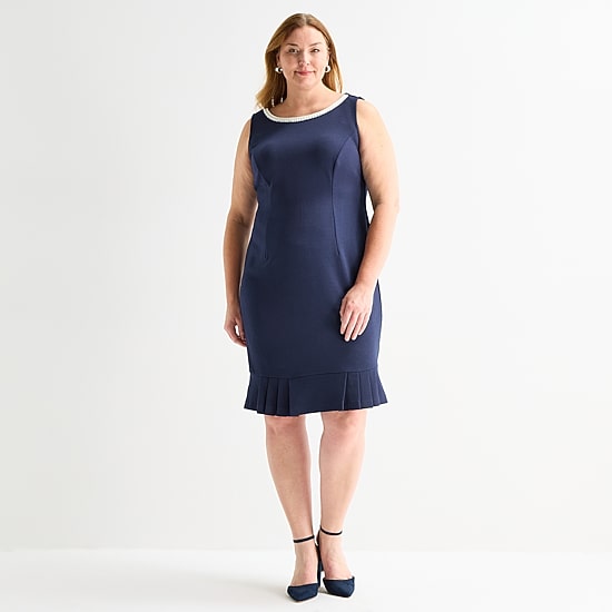 Maya Brooke Womens Plus Crepe Pearl Trim Jacket Dress
