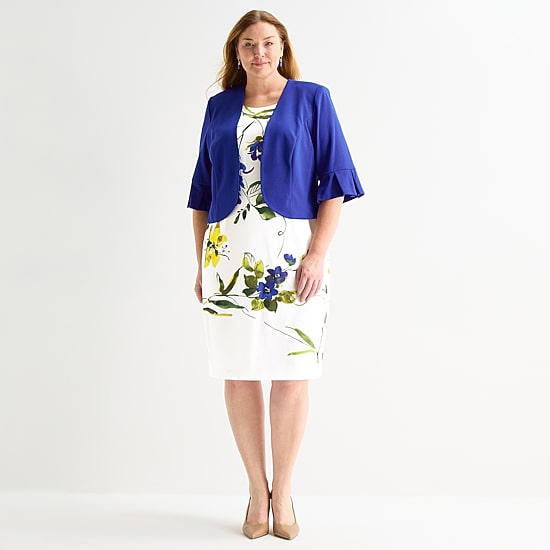 Maya Brooke Womens Plus Crepe Floral Jacket Dress