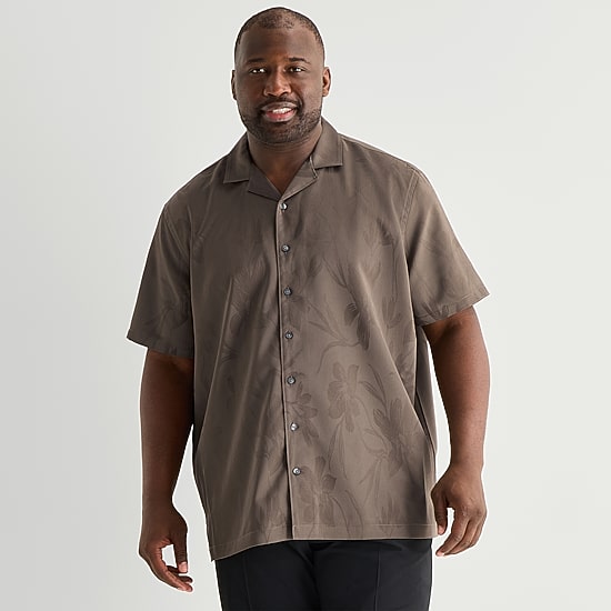 J. Ferrar Floral Jacquard Mens Short Sleeve Regular Fit Big and Tall Button-Down Shirt