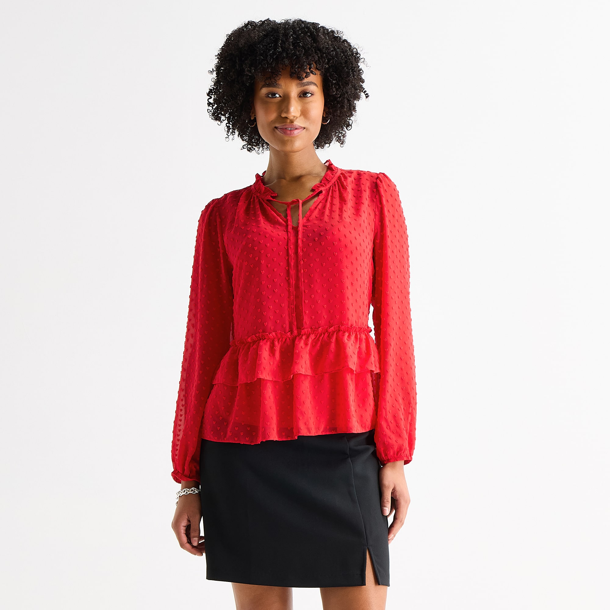 by&by Womens Juniors Split Tie Neck Long Sleeve Blouse