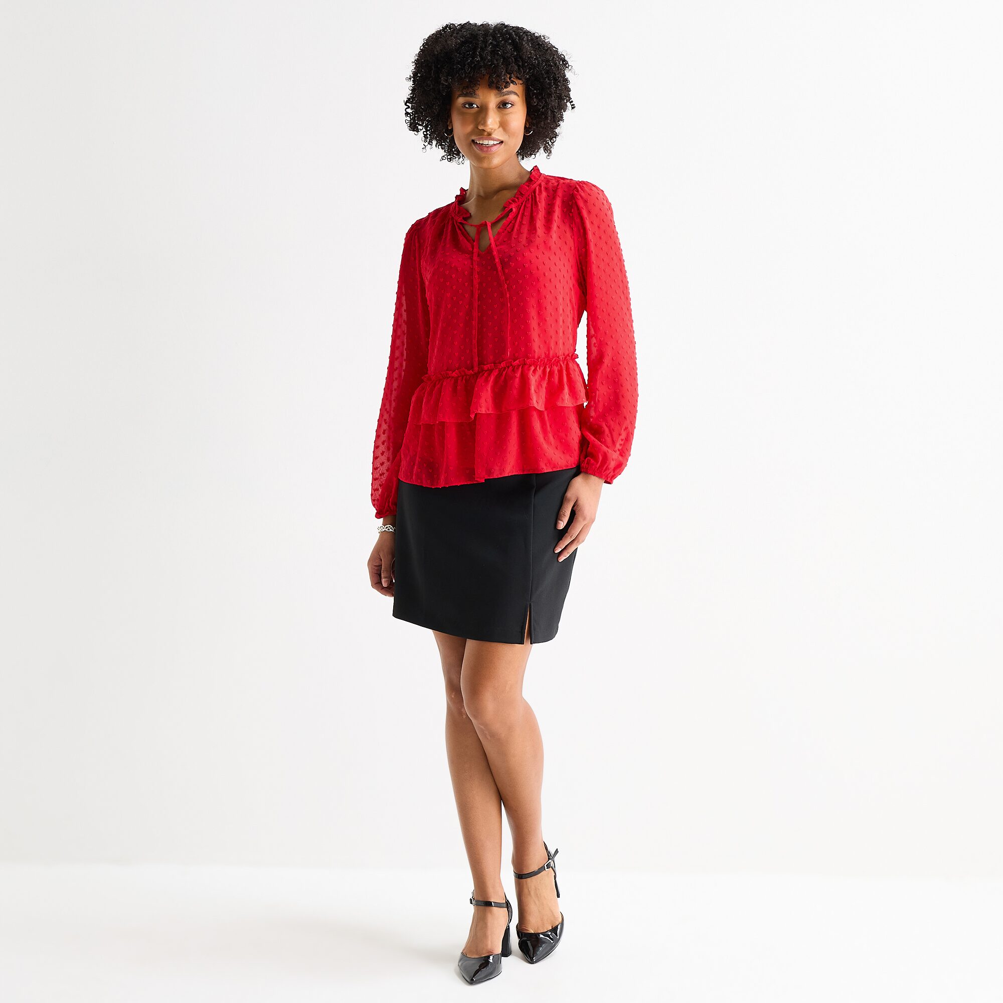 by&by Womens Juniors Split Tie Neck Long Sleeve Blouse