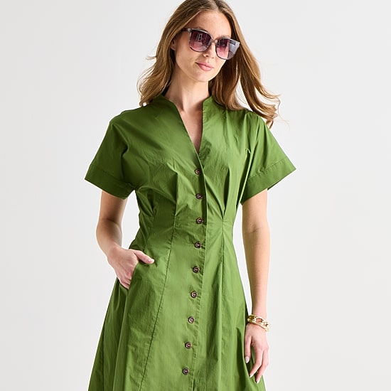 Liz Claiborne Womens Midi V Neck Short Sleeve A-Line Dress