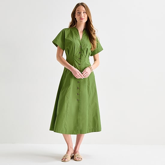 Liz Claiborne Womens Midi V Neck Short Sleeve A-Line Dress