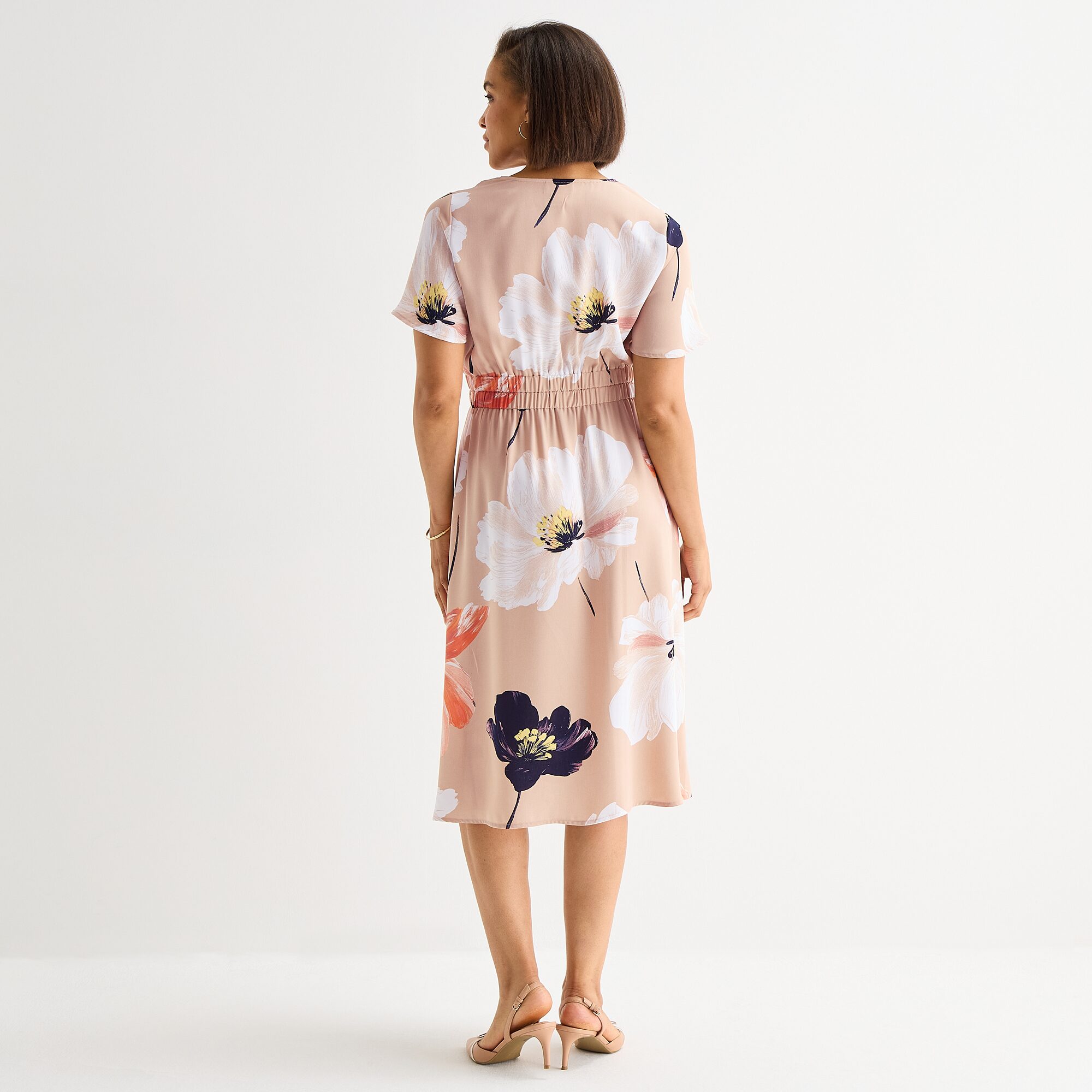 Liz Claiborne Womens Tall Midi V Neck Short Sleeve Flutter Floral Fit + Flare Dress