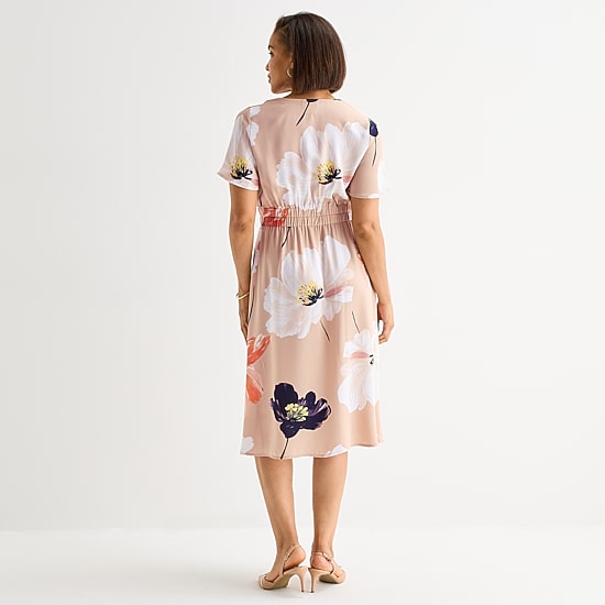 Liz Claiborne Womens Tall Midi V Neck Short Sleeve Flutter Satin Floral Fit + Flare Dress