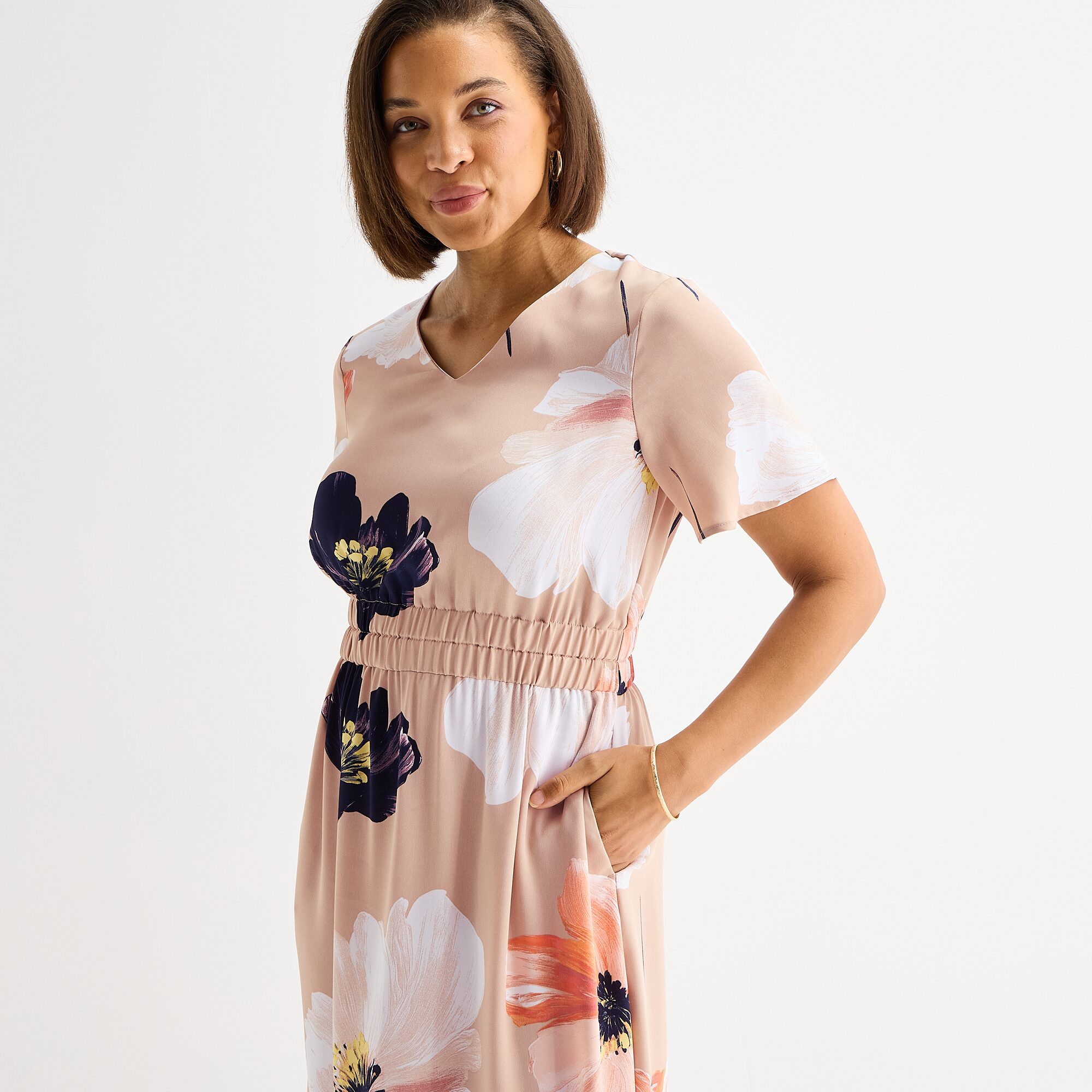 Liz Claiborne Womens Tall Midi V Neck Short Sleeve Flutter Floral Fit + Flare Dress
