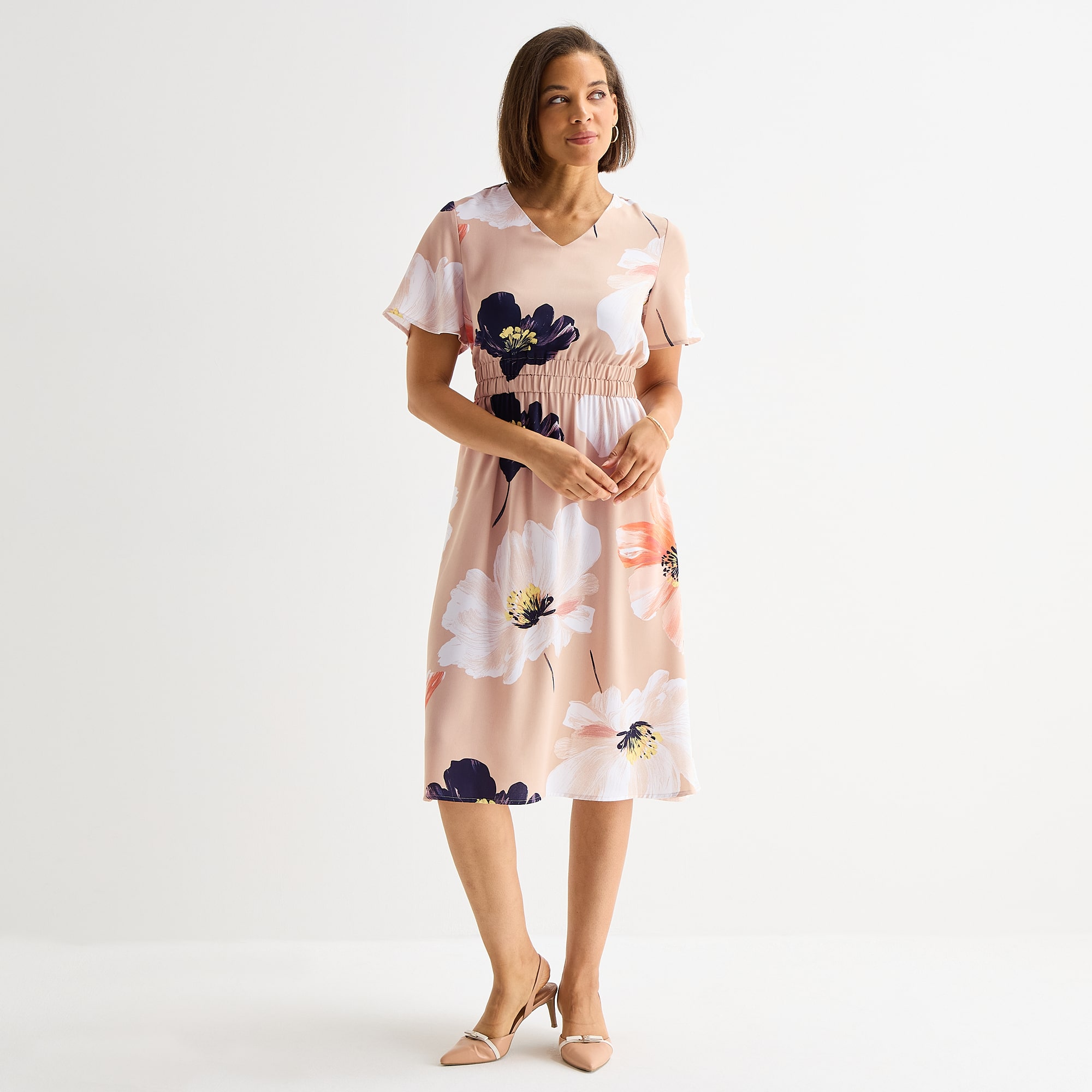 Liz Claiborne Womens Tall Midi V Neck Short Sleeve Flutter Floral Fit + Flare Dress