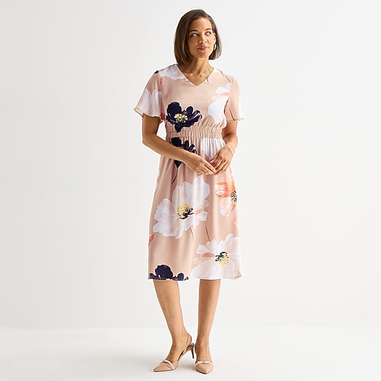 Liz Claiborne Womens Tall Midi V Neck Short Sleeve Flutter Satin Floral Fit + Flare Dress