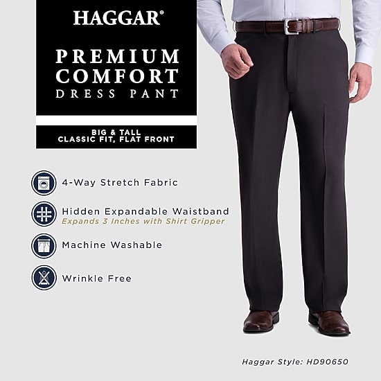 Haggar Premium Comfort Expandable Waist Mens Classic Fit Big and Tall Dress Flat Front Pant
