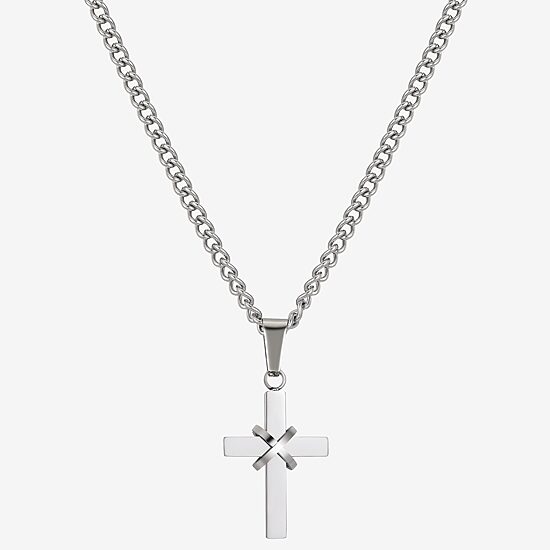 J.P. Army Men's Jewelry Stainless Steel 24 Inch Curb Cross Chain Necklace