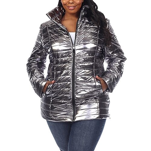 White Mark Womens Plus Water Resistant Midweight Puffer Jacket, 2x, Silver