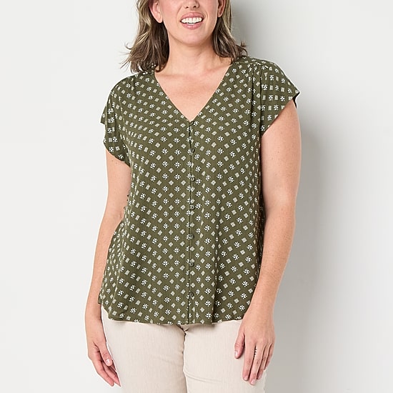 Liz Claiborne Womens Tall V Neck Short Sleeve Blouse