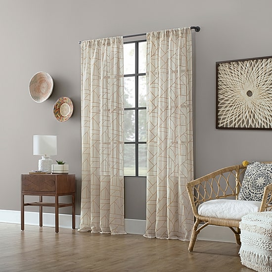 Archaeo Jigsaw Embroidery Linen Blend Rod Pocket Sheer Single Curtain Panel