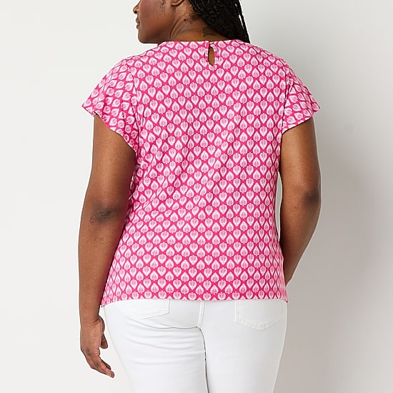 Liz Claiborne Womens Plus Round Neck Short Sleeve Blouse