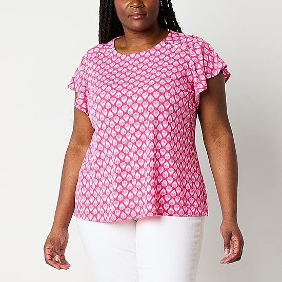 Liz Claiborne Womens Plus Round Neck Short Sleeve Blouse