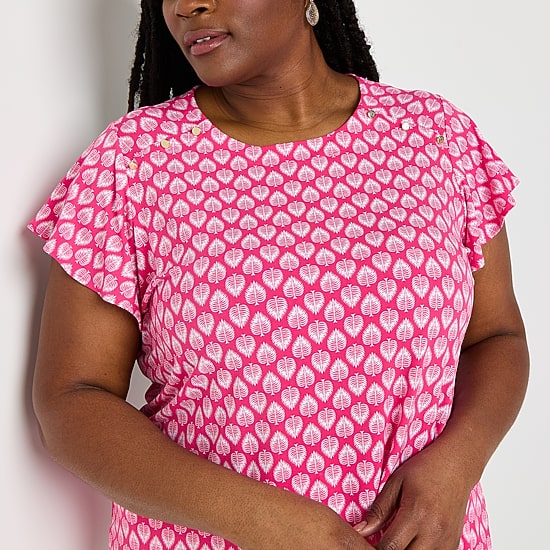 Liz Claiborne Womens Plus Round Neck Short Sleeve Blouse
