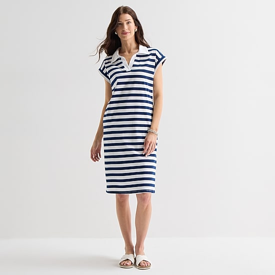 St. John's Bay Womens Short Sleeve Midi Striped Shirt Dress