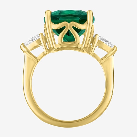 Womens Simulated Green Emerald 14K Gold Over Silver Cushion 3-Stone Cocktail Ring
