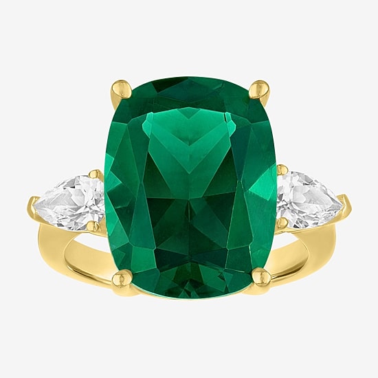 Womens Simulated Green Emerald 14K Gold Over Silver Cushion 3-Stone Cocktail Ring