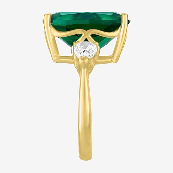 Womens Simulated Green Emerald 14K Gold Over Silver Cushion 3-Stone Cocktail Ring