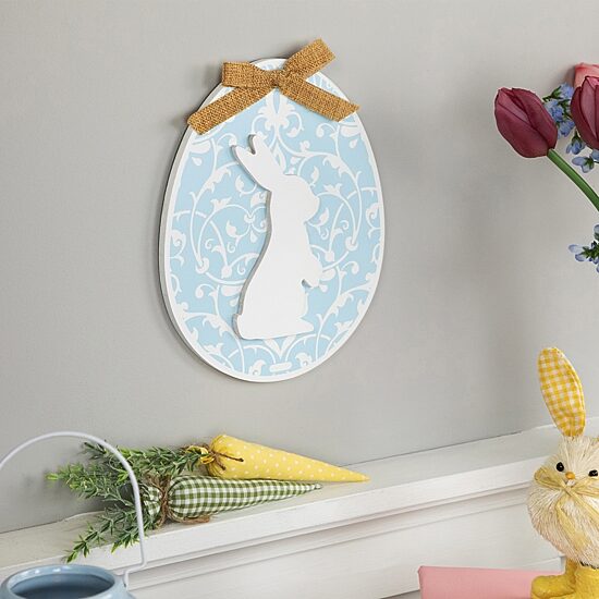 Northlight 10" Egg With Bunny And Burlap Bow Wooden Wall Sign