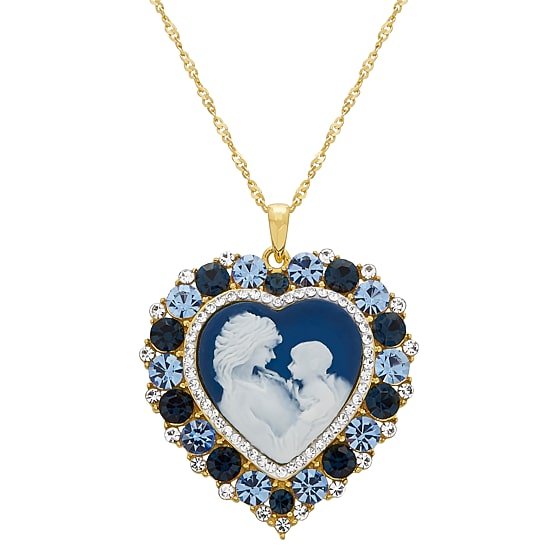 Womens Simulated Blue Crystal 14K Gold Over Silver Cameo Heart 18 Inch Pendant Necklace
