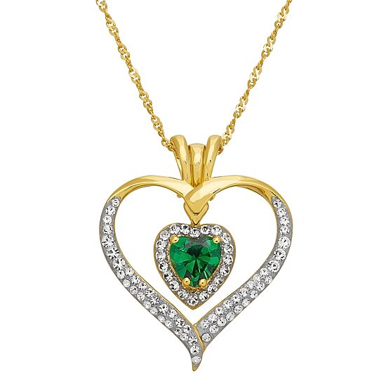 Womens Green Cubic Zirconia 14K Gold Over Silver Heart 18 Inch Pendant Necklace