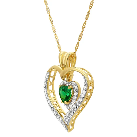 Womens Green Cubic Zirconia 14K Gold Over Silver Heart 18 Inch Pendant Necklace