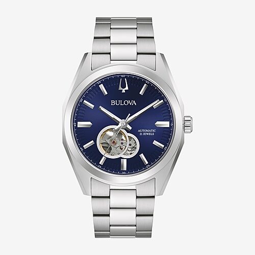 Bulova Surveyor Mens Automatic Silver Tone Stainless Steel Bracelet Watch 96a275, One Size, Blue