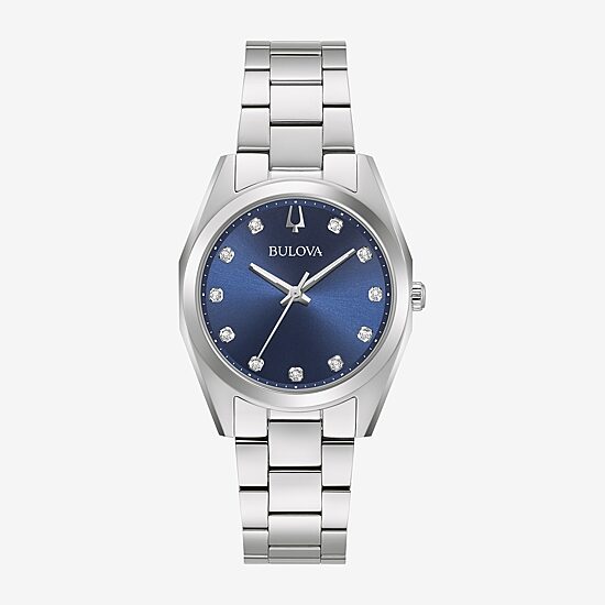 Bulova Surveyor Womens Diamond Accent Silver Tone Stainless Steel Bracelet Watch 96p229